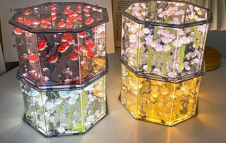 NoVa DIY Tulip Flower Decahedron Night Lamp featuring handcrafted tulip flowers, customizable color options, and a mirrored decahedron design, perfect for elegant home decor and gifts