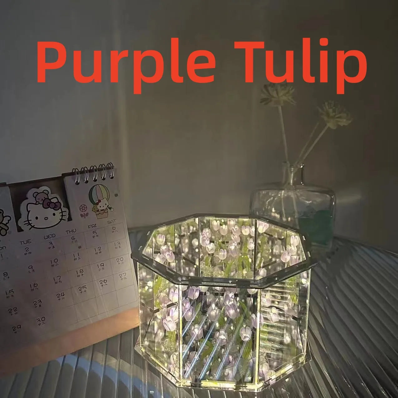 NoVa DIY Tulip Flower Decahedron Night Lamp featuring handcrafted tulip flowers, customizable color options, and a mirrored decahedron design, perfect for elegant home decor and gifts