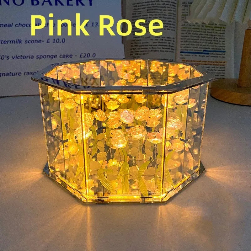 NoVa DIY Tulip Flower Decahedron Night Lamp featuring handcrafted tulip flowers, customizable color options, and a mirrored decahedron design, perfect for elegant home decor and gifts