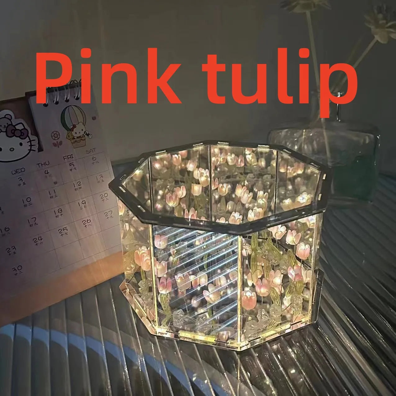 NoVa DIY Tulip Flower Decahedron Night Lamp featuring handcrafted tulip flowers, customizable color options, and a mirrored decahedron design, perfect for elegant home decor and gifts