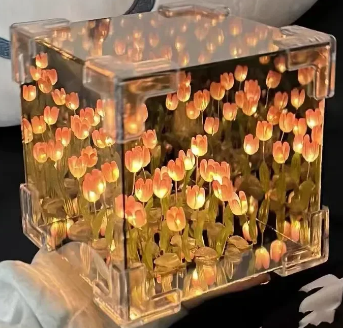 NoVa DIY Tulip Flower Sea Cube Night Lamp featuring handcrafted tulip flowers, customizable color options, and a mirrored cube design, perfect for elegant home decor and gifts