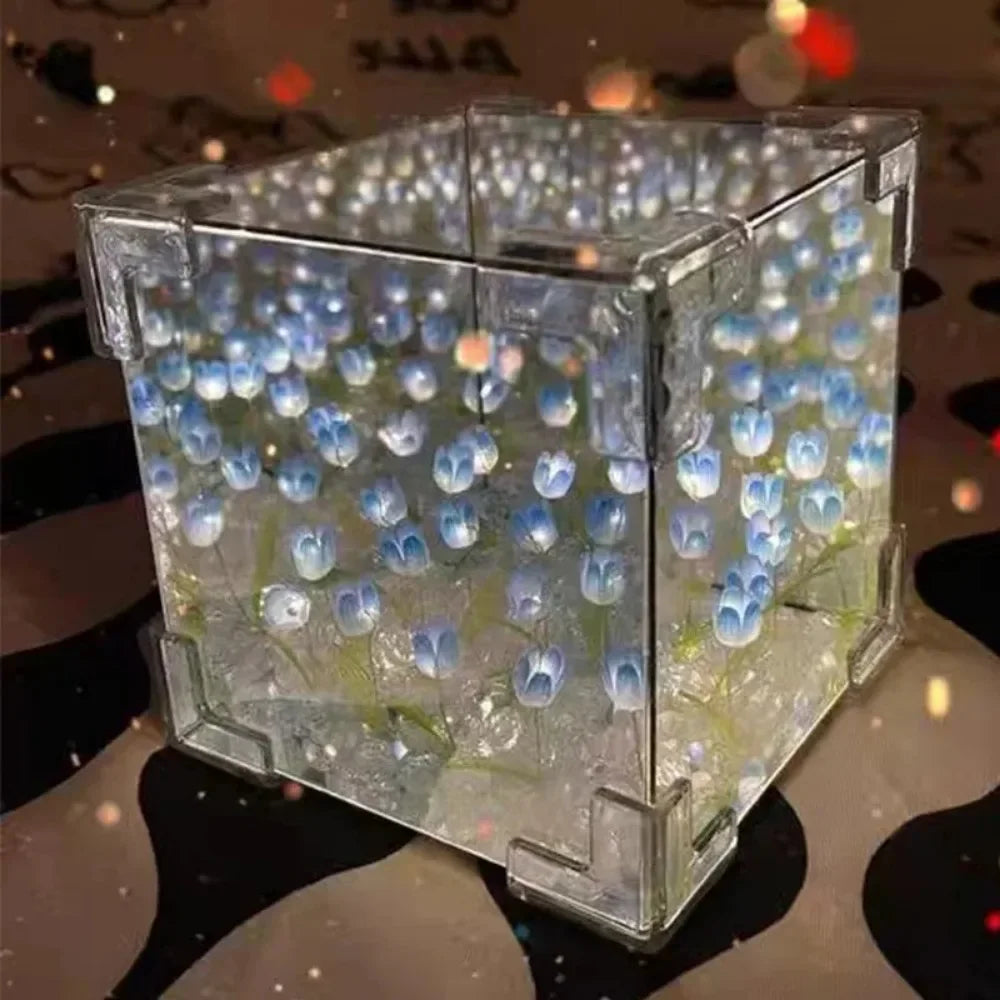 NoVa DIY Tulip Flower Sea Cube Night Lamp featuring handcrafted tulip flowers, customizable color options, and a mirrored cube design, perfect for elegant home decor and gifts