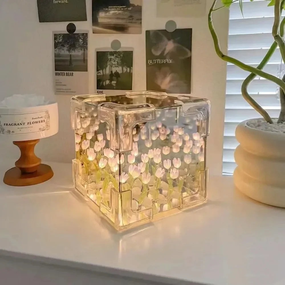 NoVa DIY Tulip Flower Sea Cube Night Lamp featuring handcrafted tulip flowers, customizable color options, and a mirrored cube design, perfect for elegant home decor and gifts