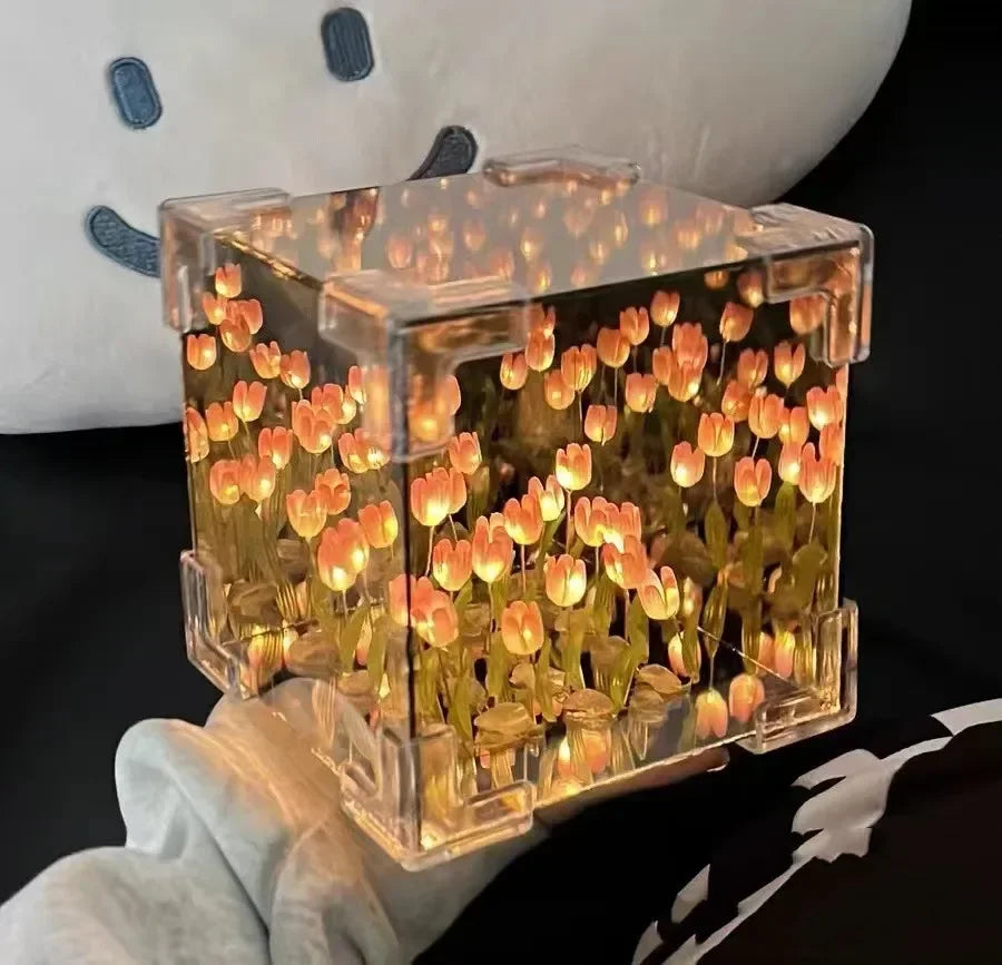 NoVa DIY Tulip Flower Sea Cube Night Lamp featuring handcrafted tulip flowers, customizable color options, and a mirrored cube design, perfect for elegant home decor and gifts