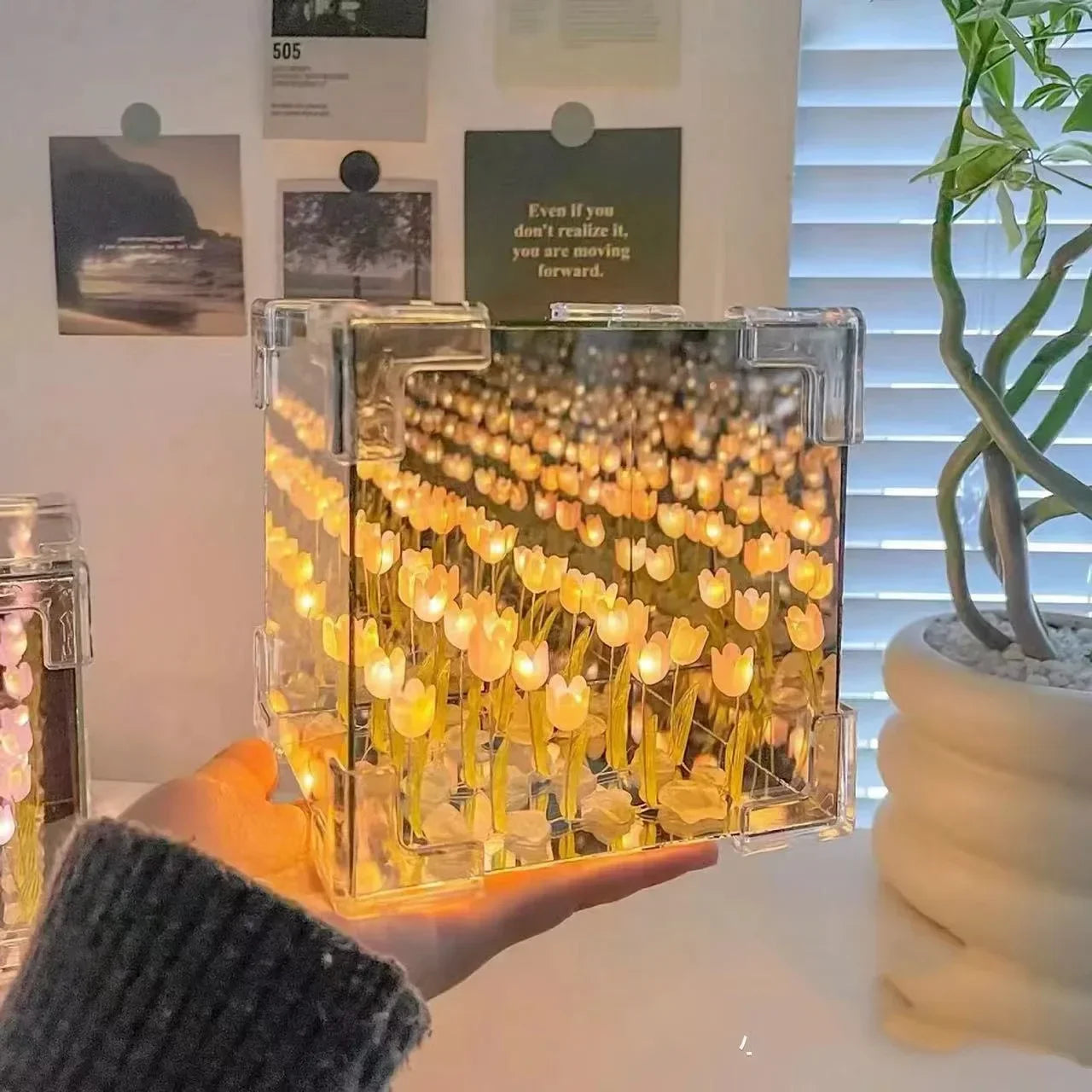 NoVa DIY Tulip Flower Sea Cube Night Lamp featuring handcrafted tulip flowers, customizable color options, and a mirrored cube design, perfect for elegant home decor and gifts