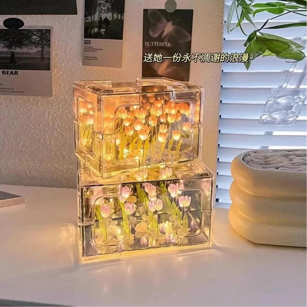NoVa DIY Tulip Flower Sea Cube Night Lamp featuring handcrafted tulip flowers, customizable color options, and a mirrored cube design, perfect for elegant home decor and gifts