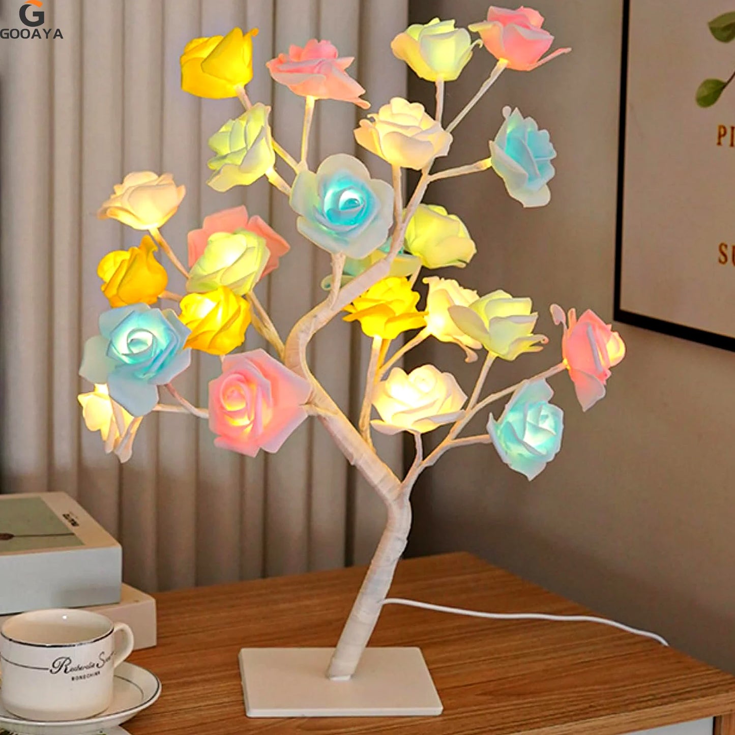 NoVa Illuminated Tree Night Lamp featuring various illuminated leaves including autumn leaves, yellow roses, light ball leaves, and colorful roses, perfect for creating a magical atmosphere