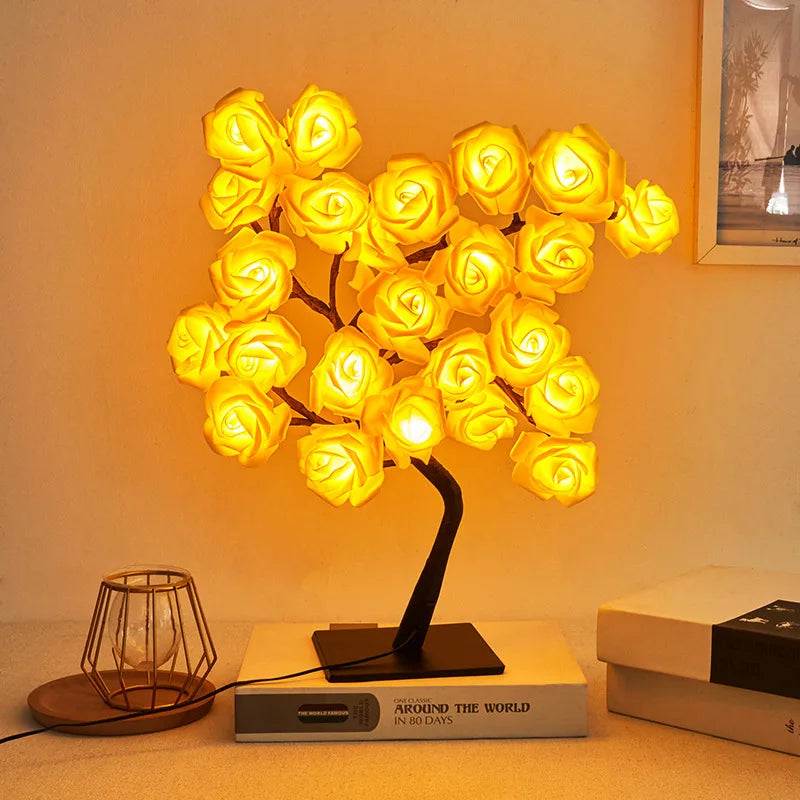 NoVa Illuminated Tree Night Lamp featuring various illuminated leaves including autumn leaves, yellow roses, light ball leaves, and colorful roses, perfect for creating a magical atmosphere