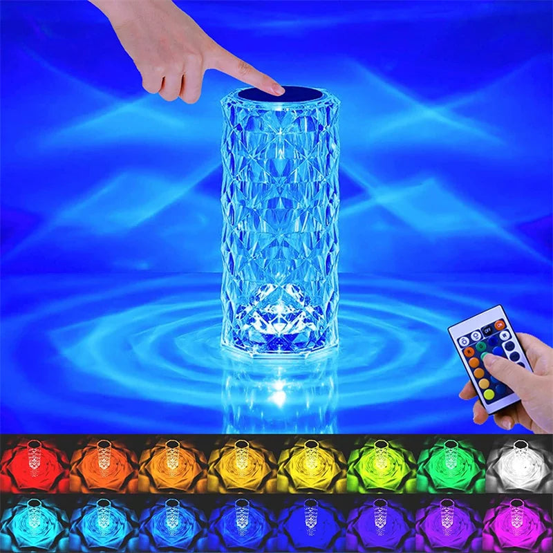 NoVa LED Crystal Diamond Table Lamp with 3D diamond effect, three-color light, 16-color light options, touch remote control, and elegant design, perfect for home decor and gifts