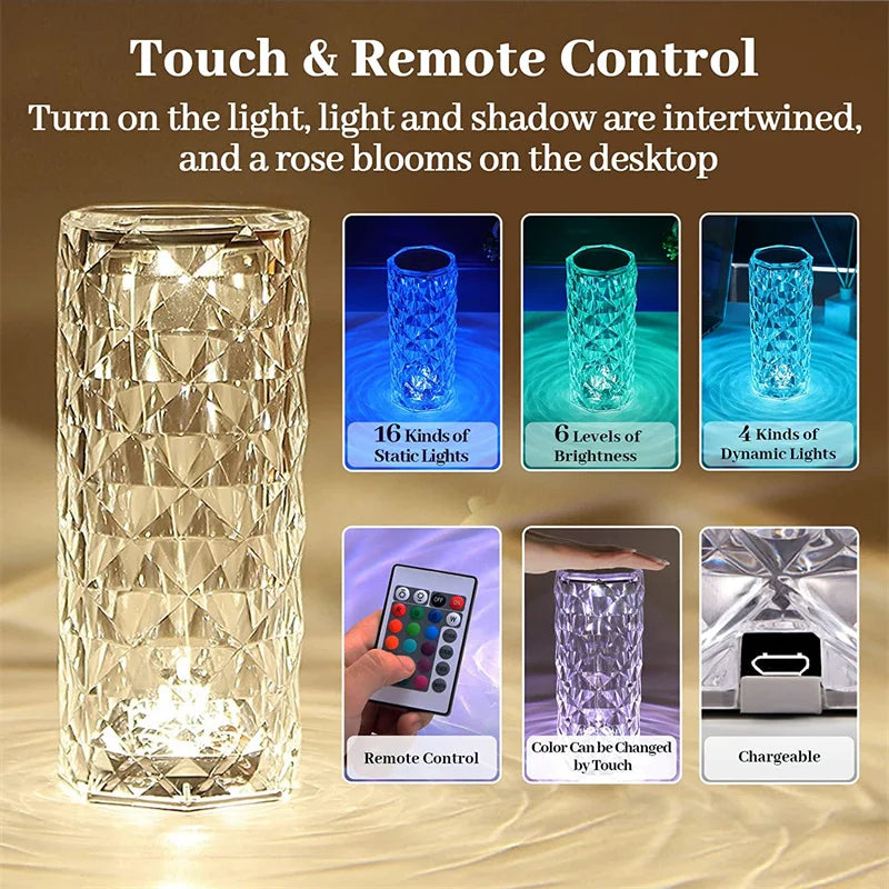 NoVa LED Crystal Diamond Table Lamp with 3D diamond effect, three-color light, 16-color light options, touch remote control, and elegant design, perfect for home decor and gifts