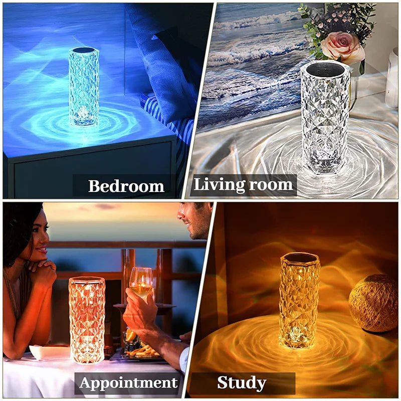 NoVa LED Crystal Diamond Table Lamp with 3D diamond effect, three-color light, 16-color light options, touch remote control, and elegant design, perfect for home decor and gifts