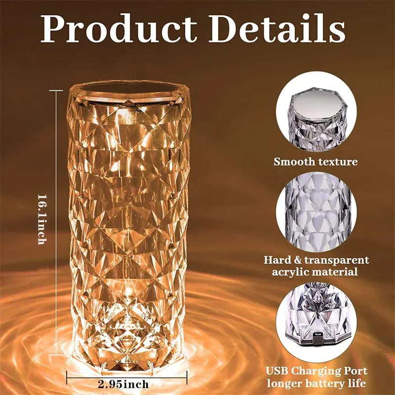 NoVa LED Crystal Diamond Table Lamp with 3D diamond effect, three-color light, 16-color light options, touch remote control, and elegant design, perfect for home decor and gifts