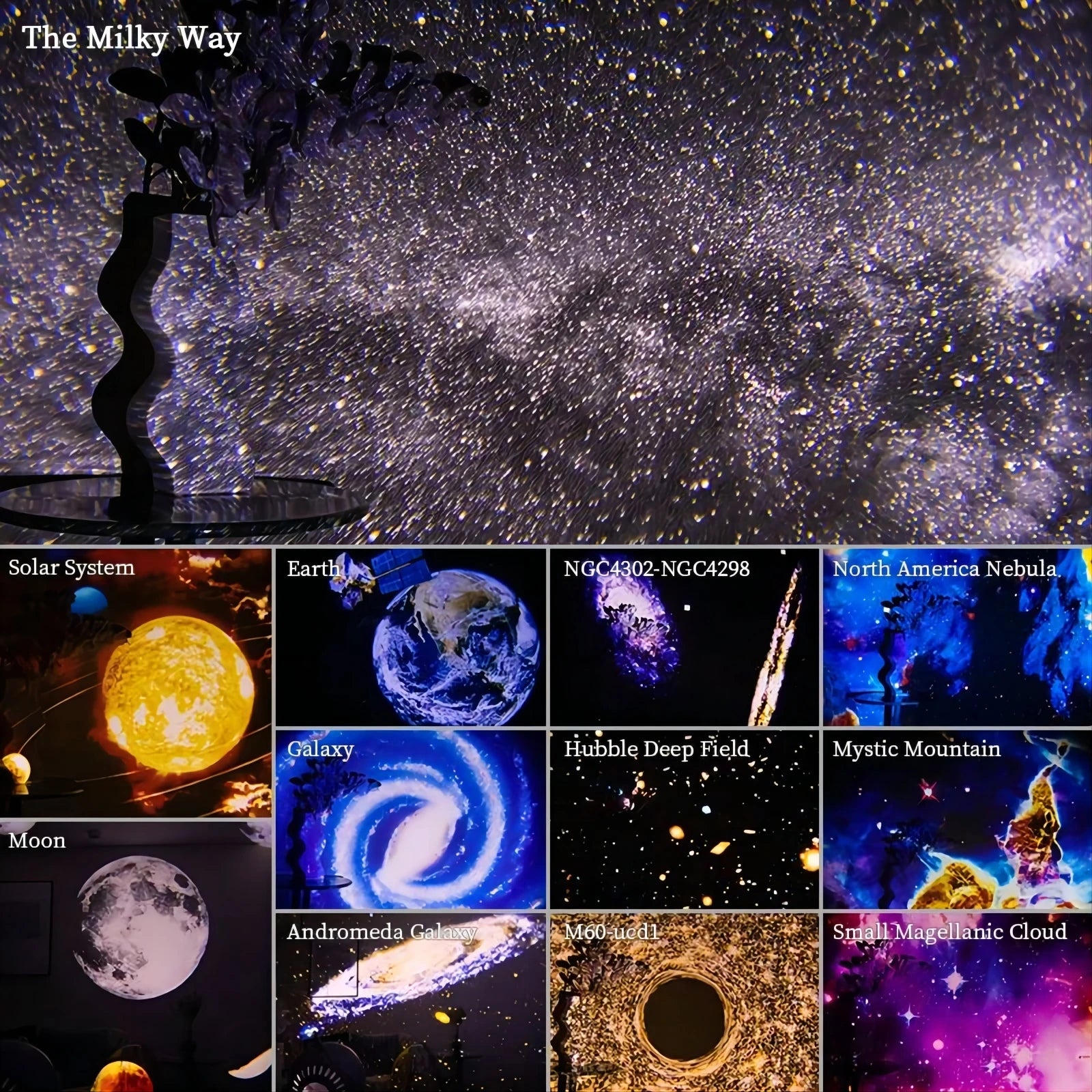 NoVa Planetarium Projector with adjustable brightness and color settings, featuring 12 high-definition effects including stars, nebulas, and galaxies, perfect for creating a celestial atmosphere at home