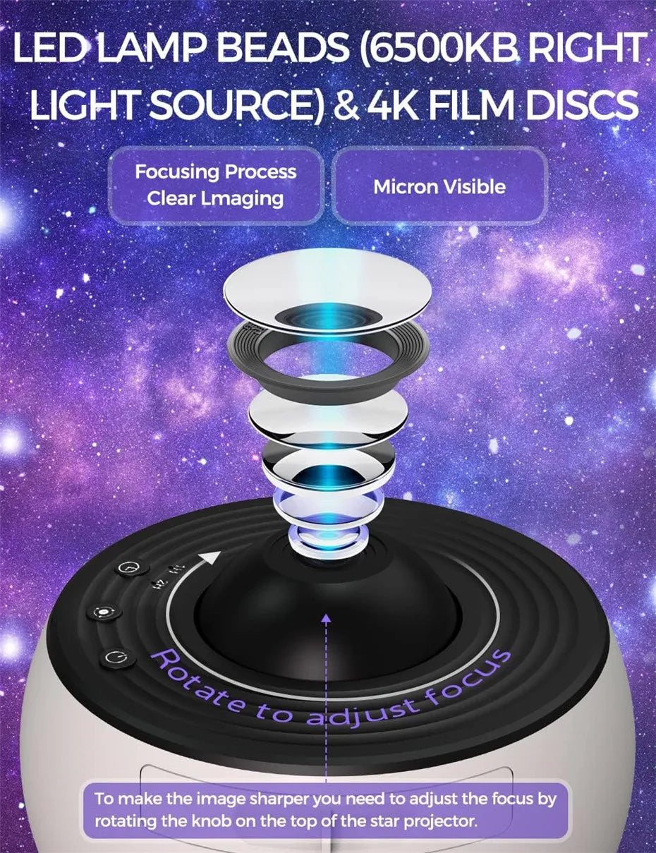 NoVa Planetarium Projector with adjustable brightness and color settings, featuring 12 high-definition effects including stars, nebulas, and galaxies, perfect for creating a celestial atmosphere at home