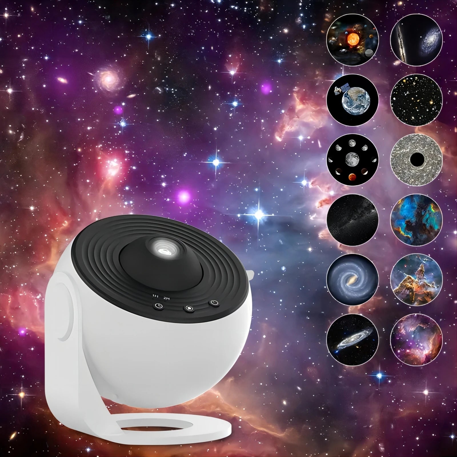 NoVa Planetarium Projector with adjustable brightness and color settings, featuring 12 high-definition effects including stars, nebulas, and galaxies, perfect for creating a celestial atmosphere at home
