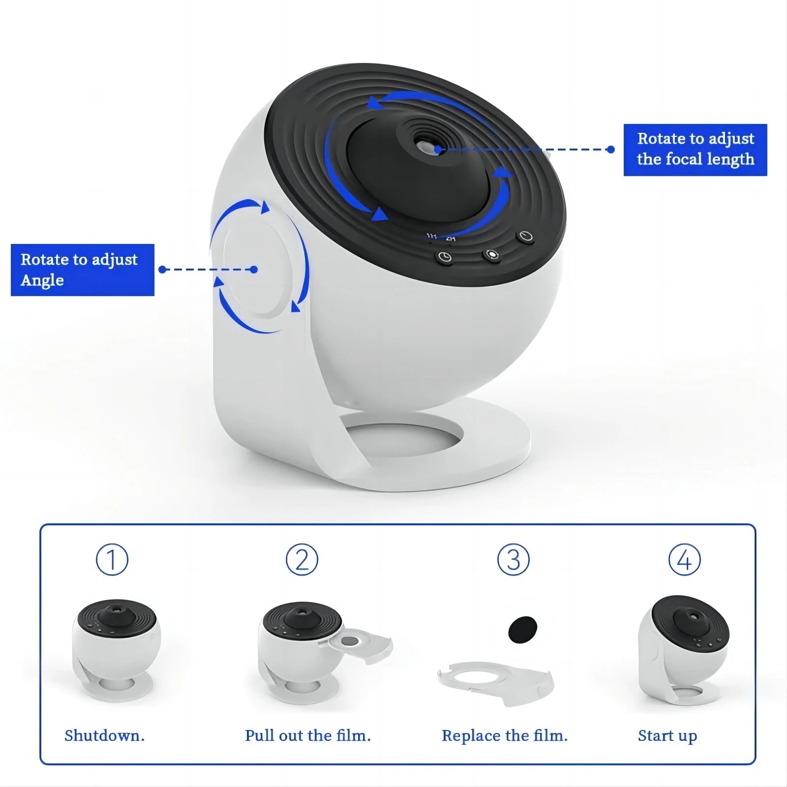 NoVa Planetarium Projector with adjustable brightness and color settings, featuring 12 high-definition effects including stars, nebulas, and galaxies, perfect for creating a celestial atmosphere at home