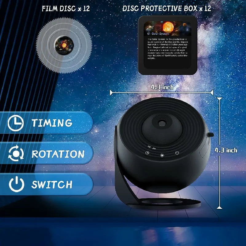 NoVa Planetarium Projector with adjustable brightness and color settings, featuring 12 high-definition effects including stars, nebulas, and galaxies, perfect for creating a celestial atmosphere at home