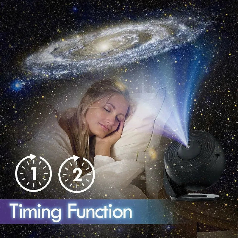 NoVa Planetarium Projector with adjustable brightness and color settings, featuring 12 high-definition effects including stars, nebulas, and galaxies, perfect for creating a celestial atmosphere at home