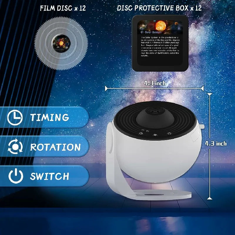 NoVa Planetarium Projector with adjustable brightness and color settings, featuring 12 high-definition effects including stars, nebulas, and galaxies, perfect for creating a celestial atmosphere at home