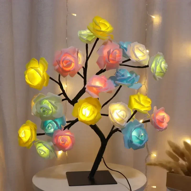 NoVa Premium Illuminated Tree Lamp used as a bedside lamp, providing a soft, warm light in a cozy bedroom.