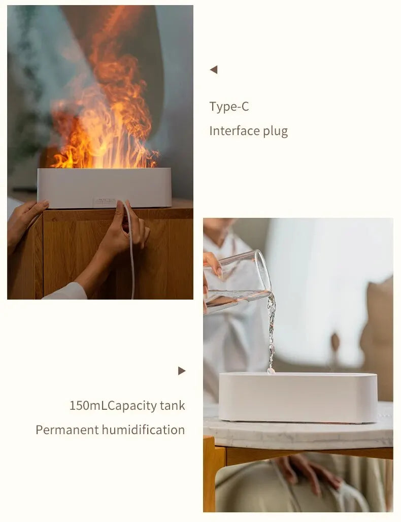 NoVa RGB Flame Aroma Diffuser Humidifier with 7 color options. Features ultrasonic humidification, quiet operation, and simulated flame effect for a soothing, aesthetically pleasing environment.