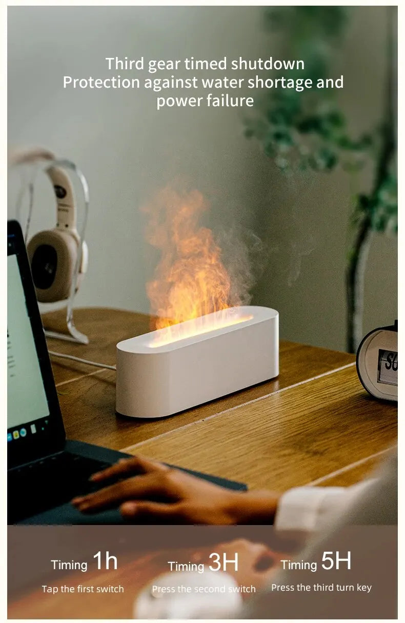 NoVa RGB Flame Aroma Diffuser Humidifier with 7 color options. Features ultrasonic humidification, quiet operation, and simulated flame effect for a soothing, aesthetically pleasing environment.