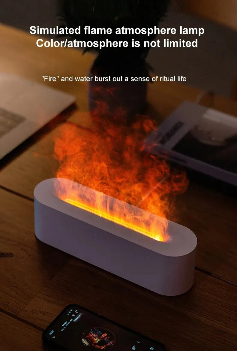 NoVa RGB Flame Aroma Diffuser Humidifier with 7 color options. Features ultrasonic humidification, quiet operation, and simulated flame effect for a soothing, aesthetically pleasing environment.
