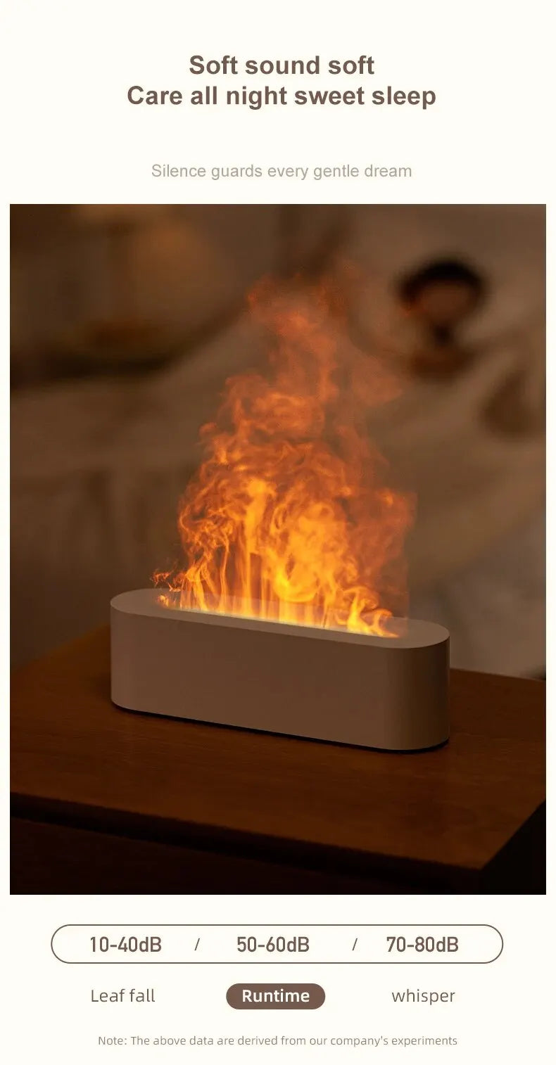 NoVa RGB Flame Aroma Diffuser Humidifier with 7 color options. Features ultrasonic humidification, quiet operation, and simulated flame effect for a soothing, aesthetically pleasing environment.