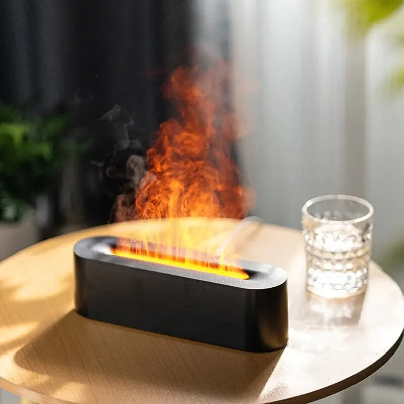 NoVa RGB Flame Aroma Diffuser Humidifier with 7 color options. Features ultrasonic humidification, quiet operation, and simulated flame effect for a soothing, aesthetically pleasing environment.