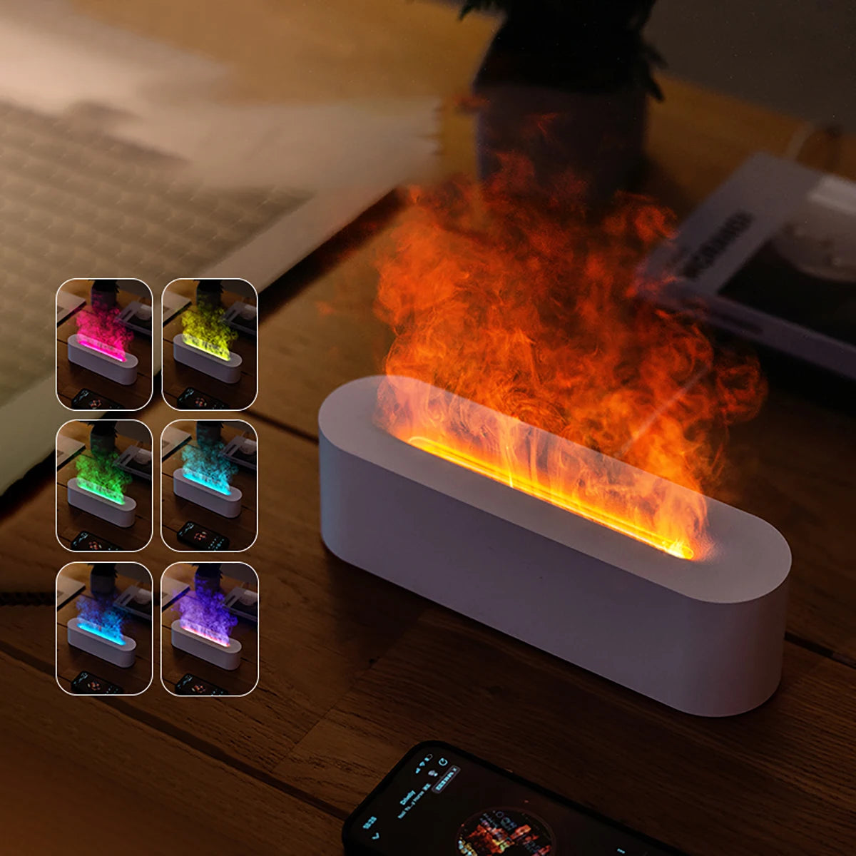 NoVa RGB Flame Aroma Diffuser Humidifier with 7 color options. Features ultrasonic humidification, quiet operation, and simulated flame effect for a soothing, aesthetically pleasing environment.