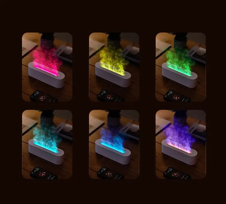 NoVa RGB Flame Aroma Diffuser Humidifier with 7 color options. Features ultrasonic humidification, quiet operation, and simulated flame effect for a soothing, aesthetically pleasing environment.