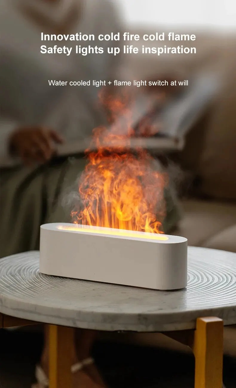 NoVa RGB Flame Aroma Diffuser Humidifier with 7 color options. Features ultrasonic humidification, quiet operation, and simulated flame effect for a soothing, aesthetically pleasing environment.