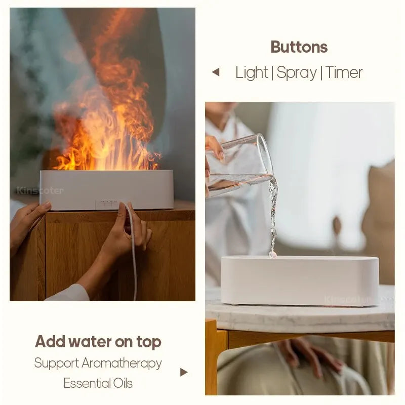 NoVa RGB Flame Aroma Diffuser Humidifier with 7 color options. Features ultrasonic humidification, quiet operation, and simulated flame effect for a soothing, aesthetically pleasing environment.
