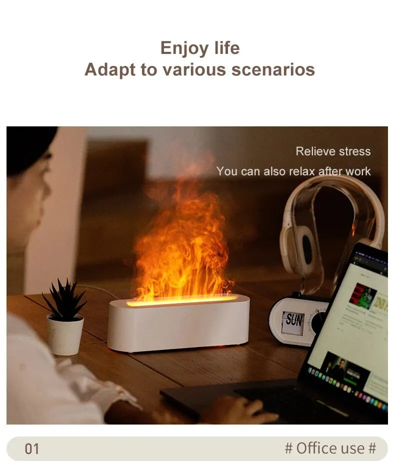NoVa RGB Flame Aroma Diffuser Humidifier with 7 color options. Features ultrasonic humidification, quiet operation, and simulated flame effect for a soothing, aesthetically pleasing environment.