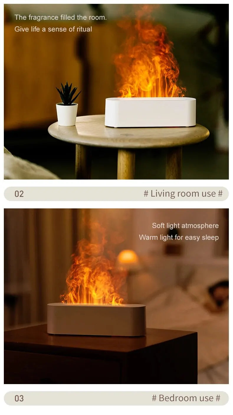 NoVa RGB Flame Aroma Diffuser Humidifier with 7 color options. Features ultrasonic humidification, quiet operation, and simulated flame effect for a soothing, aesthetically pleasing environment.