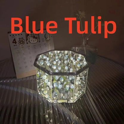 NoVa DIY Tulip Flower Decahedron Night Lamp featuring handcrafted tulip flowers, customizable color options, and a mirrored decahedron design, perfect for elegant home decor and gifts