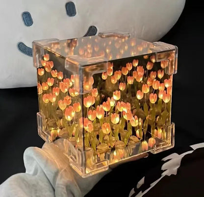 NoVa DIY Tulip Flower Sea Cube Night Lamp featuring handcrafted tulip flowers, customizable color options, and a mirrored cube design, perfect for elegant home decor and gifts