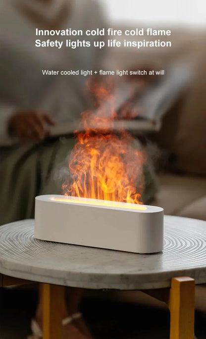 NoVa RGB Flame Aroma Diffuser Humidifier with 7 color options. Features ultrasonic humidification, quiet operation, and simulated flame effect for a soothing, aesthetically pleasing environment.